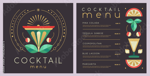 Retro holiday restaurant cocktail menu design on black background. Flat design. Vector illustration