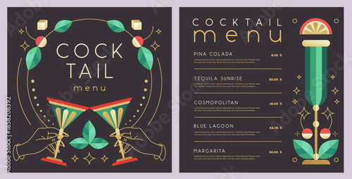 Retro holiday restaurant cocktail menu design on black background. Flat design. Vector illustration