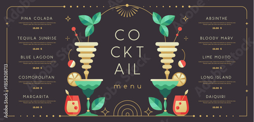 Retro holiday restaurant cocktail menu design on black background. Flat design. Vector illustration