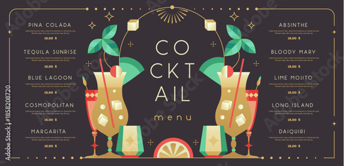 Retro holiday restaurant cocktail menu design on black background. Flat design. Vector illustration
