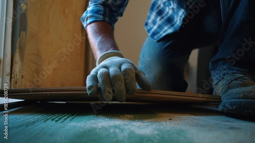 Glove grasps planks in construction scene