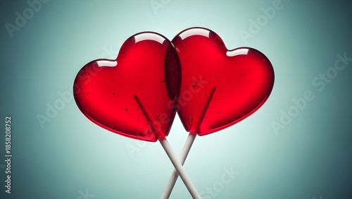 Two vibrant red heart lollipops symbolizing love and affection against a teal background