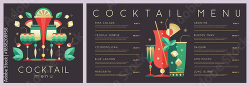 Retro holiday restaurant cocktail menu design on black background. Flat design. Vector illustration