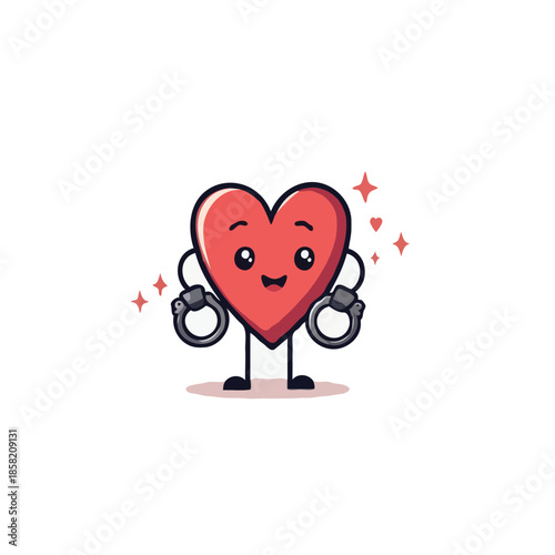 Whimsical heart character playfully handcuffed conveying themes of affection devotion romantic