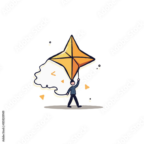 Whimsical journey illustration featuring a person joyfully holding a kite, symbolizing carefree