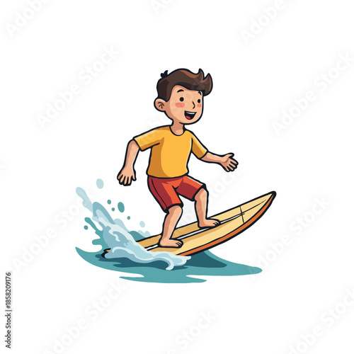 Young boy joyfully riding a surfboard on a gentle wave, epitomizing summer fun and playful outdoor