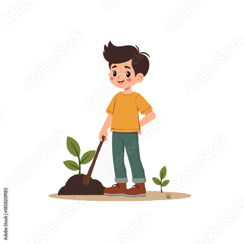 Young boy planting saplings in a garden promoting growth and environmental conservation for future
