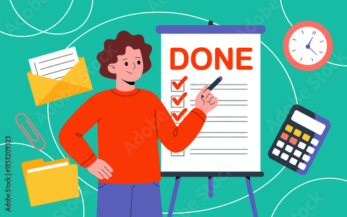 This vibrant and motivational illustration showcases a confident man proudly marking tasks as done on a checklist, symbolizing productivity, achievement, and organization.