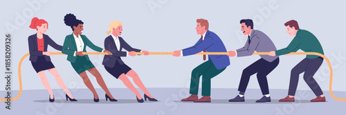 The graphic displays a diverse group of professionals engaged in a tug of war, representing teamwork, competition, and the struggle for power in a corporate setting.