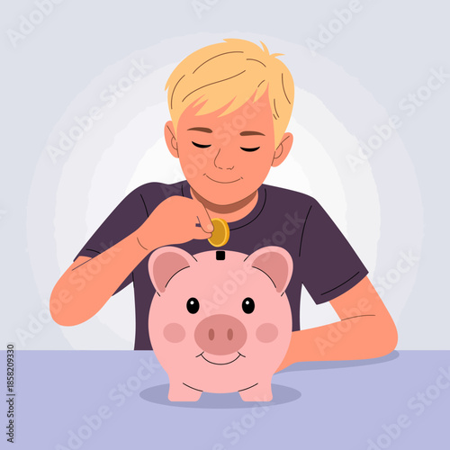 A cheerful boy happily inserting a coin into a charming piggy bank, promoting the importance of saving and financial literacy in a delightful and engaging manner for children.
