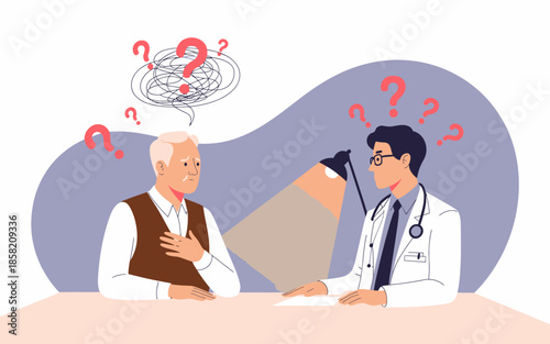 An elderly man and a doctor engage in a serious consultation, surrounded by question marks, symbolizing uncertainty and confusion in medical discussions and healthcare.