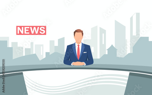 A modern news anchor sits at a sleek studio desk, presenting news against a stylized urban skyline backdrop, symbolizing the pursuit of information in our fast-paced world.