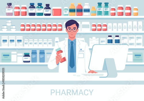 A professional pharmacist standing at a counter in a well-organized pharmacy with various medicines, portraying healthcare and trust in a friendly and inviting manner.