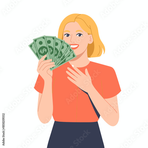 A woman joyfully holds a fan of cash, representing financial success and prosperity; her expression conveys the satisfaction and happiness that come from achieving financial goals.