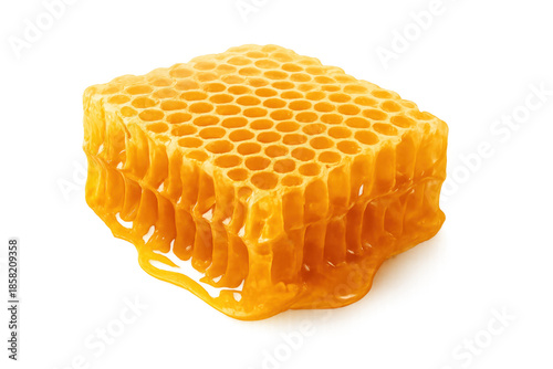 Golden dripping honeycomb with natural beeswax on transparent background