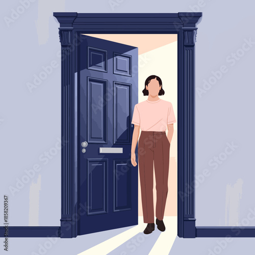An artistic illustration of a person stepping through an open doorway symbolizes new beginnings, opportunities, and the journey of self-discovery and personal growth.