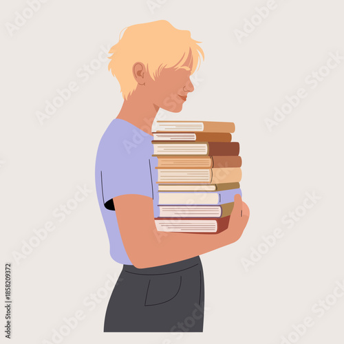 This illustration shows a young adult with tousled hair thoughtfully carrying a stack of textbooks, highlighting the importance of education and knowledge in today's society.