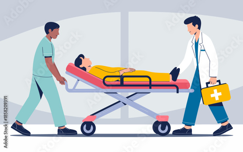 A medical team transports a patient on a stretcher, showcasing professionalism and urgency in a hospital setting, emphasizing the importance of healthcare and teamwork in emergencies.