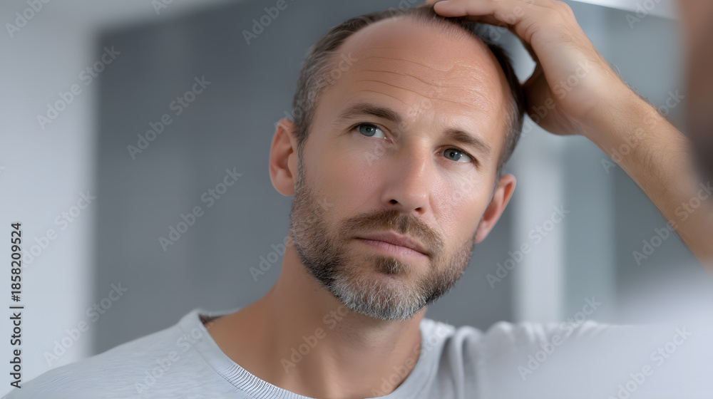 Fototapeta premium A Man's contemplation on hair loss: A close-up shot of a man inspecting his thinning hair, a reflective gaze mirrors concern and self-awareness about aging.