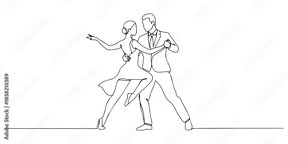 Fototapeta premium Continuous one line of a couple dancing gracefully,, symbolizing love, affection, care, and unity isolated on a white background, drawn vector illustration.