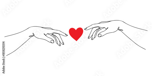 Continuous one line of a two hands reaching for each other, symbolizing love, affection, care, and unity isolated on a white background, drawn vector illustration.