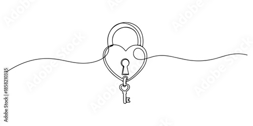 Continuous one line of a heart lock with a small key, symbolizing love, affection, care, and unity isolated on a white background, drawn vector illustration.
