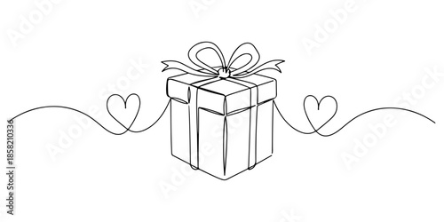 Continuous one line of a gift box with a heart shaped ribbon, symbolizing love, affection, care, and unity isolated on a white background, drawn vector illustration.