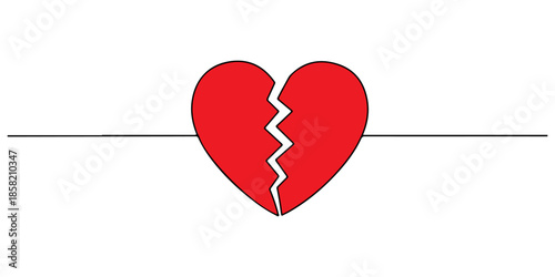 Continuous one line of a broken heart healing, symbolizing love, affection, care, and unity isolated on a white background, drawn vector illustration.