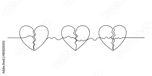 Continuous one line of a broken heart healing, symbolizing love, affection, care, and unity isolated on a white background, drawn vector illustration.