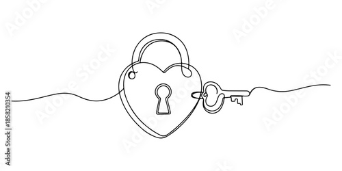 Continuous one line of a heart lock with a small key, symbolizing love, affection, care, and unity isolated on a white background, drawn vector illustration.