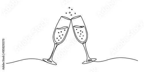 Continuous one line of a two champagne glasses toasting, symbolizing love, affection, care, and unity isolated on a white background, drawn vector illustration.