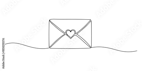 Continuous one line of a love letter with a heart seal, symbolizing love, affection, care, and unity isolated on a white background, drawn vector illustration.