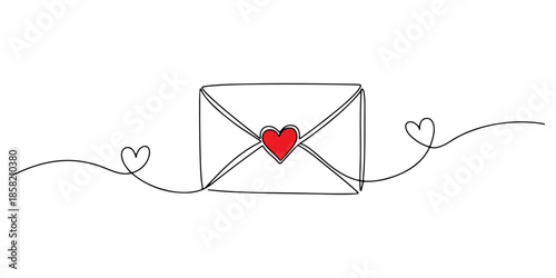 Continuous one line of a love letter with a heart seal, symbolizing love, affection, care, and unity isolated on a white background, drawn vector illustration.