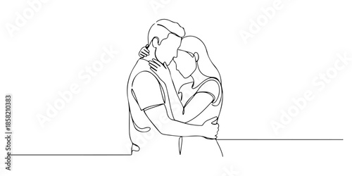 Continuous one line of a couple embracing gently, symbolizing love, affection, care, and unity isolated on a white background, drawn vector illustration.