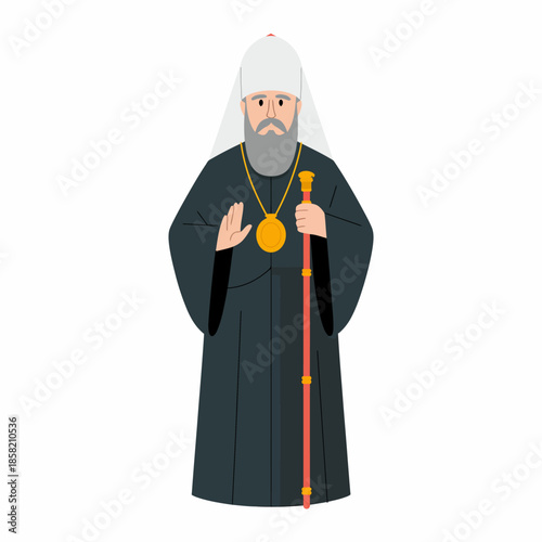This illustration features a religious figure in traditional clothing, holding a staff and making a gesture of peace, embodying wisdom and spirituality in the community.