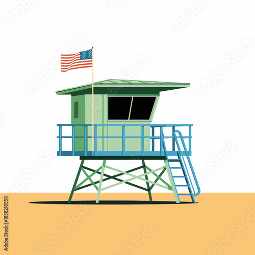 This minimalist illustration showcases a lifeguard tower on a sandy beach, representing safety and leisure, ideal for summer-themed designs or beach-related projects.