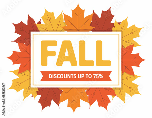An eye-catching promotional image highlighting fall discounts up to 75% surrounded by vibrant autumn leaves, embracing the spirit of the seasonal shopping experience.
