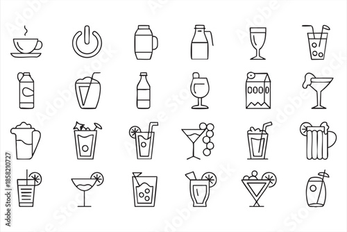 Drink Line Icons with Coffee Cups, Alcohol Glasses, Juice