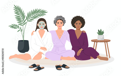 Three women of different ethnicities share a relaxing spa day, radiating friendship, beauty, and wellness, showcasing the importance of self-care and connection with one another.