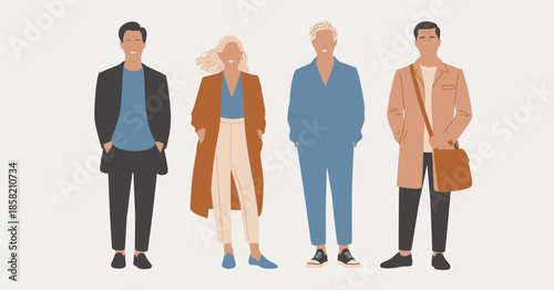 A group of four stylish individuals showcases contemporary fashion trends, embodying diversity and individuality in a casual yet chic urban environment.