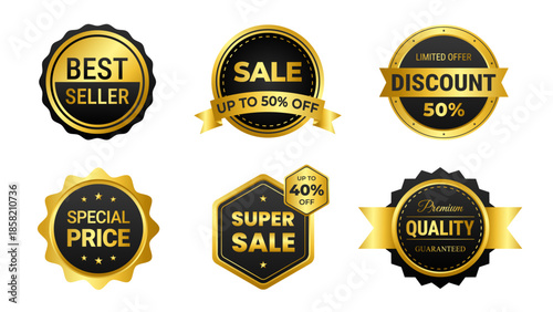 Set of gold luxury sale badges, vintage style discount label, premium quality, best seller, price tag stickers collection, emblem template designs for marketing and shopping