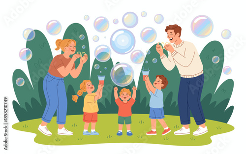 A happy family enjoys blowing soap bubbles in a park, showcasing the pure joy of togetherness, childhood wonder, and playful moments that create cherished memories.