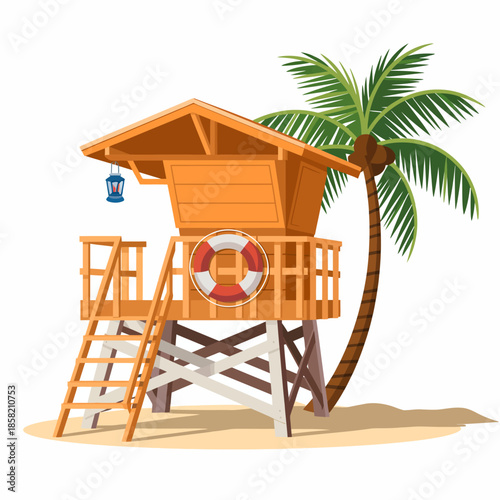 An inviting illustration of a lifeguard tower nestled on a tropical beach, surrounded by palm trees, epitomizing summer fun and the spirit of safety by the water.