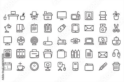Business Office Line Icons with Desk, Computer, Documents