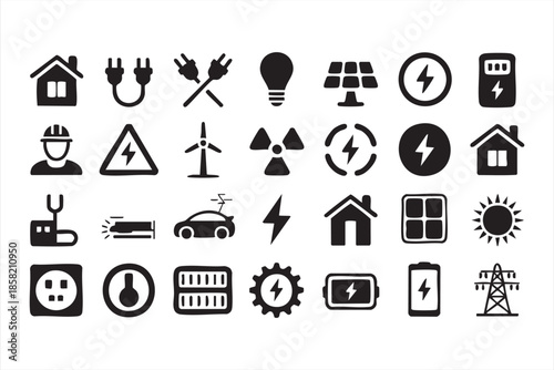 Renewable Energy Icons with Solar, Battery, Electricity Symbols