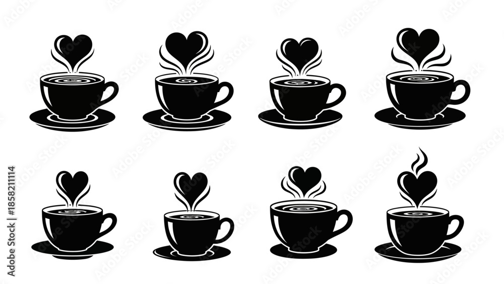 Fototapeta premium Coffee cup with heart steam silhouette icons set for cafe branding restaurant menu design morning beverage break love espresso caffeine baristas shop advertising morning rituals cafe
