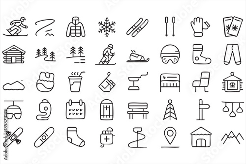 Winter Ski and Snowboard Line Icons for Mountain Sports Design