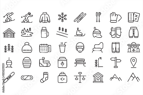 Alpine Winter Sports Line Icons for Ski Resorts and Travel Media