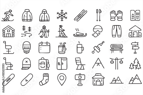 Winter Mountain Sports Line Icons for Outdoor Recreation Graphics