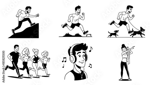 Healthy lifestyle and fitness activity drawing set with people running jogging listening to music and stretching outdoors in black and white line art style isolated vector illustration